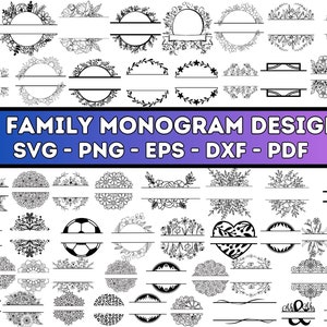 Pode incluir: 50 designs de monogramas familiares em preto e branco com vários elementos florais, geométricos e abstratos. Os designs são divididos em dois com uma linha horizontal para adicionar texto. SVG - PNG - EPS - DXF - PDF