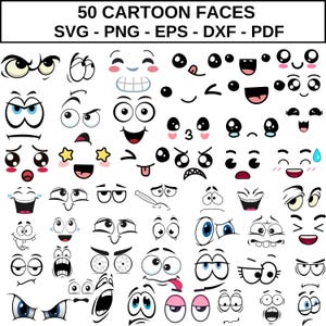 Cartoon Emotion Faces SVG Bundle, Kawaii Face SVG, Cute Funny Face SVG, Emoji face, cartoon face clipart, comics face, png, silhouette