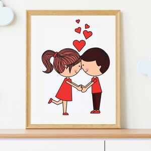 May include: A digital illustration of a couple holding hands and looking at each other. The couple is drawn in a cartoon style with red shirts and brown hair. There are red hearts floating above their heads.