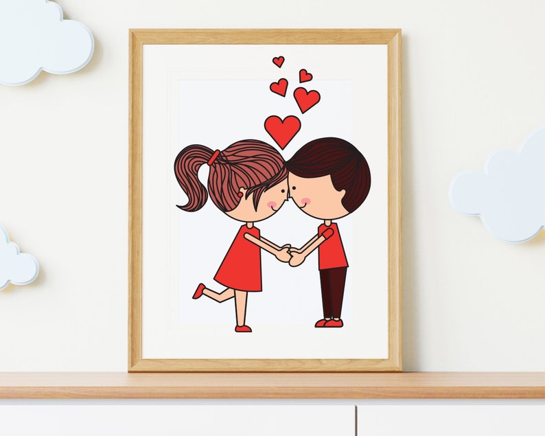 May include: A digital illustration of a couple holding hands and looking at each other. The couple is drawn in a cartoon style with red shirts and brown hair. There are red hearts floating above their heads.