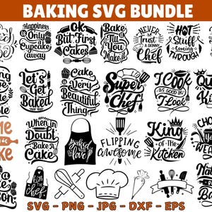Könnte beinhalten: Ein Schwarzweiß-Grafikdesign-Paket mit 20 SVG-Dateien zum Thema Backen. Die Designs zeigen verschiedene backbezogene Sätze und Bilder, wie "Baked with Love", "Let's Get Baked", "Super Chef" und "King of the Kitchen".