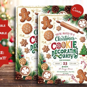 May include: A printable invitation for a Christmas cookie decorating party. The invitation features a festive design with gingerbread cookies, candy canes, and a Christmas tree. The text reads "You're invited to a Christmas Cookie Decorating Party" with the date and time of the event.