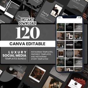 Puede incluir: Una colección de 120 plantillas de redes sociales editables de Canva en blanco y negro para Instagram y Pinterest. Las plantillas presentan una estética de lujo con superposiciones de texto y formas geométricas. El texto "Descarga instantánea!" y "120 Canva editables" se muestra en blanco sobre un fondo negro.