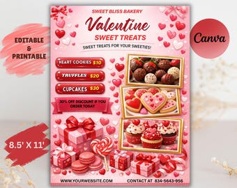 Valentine's Day Bakery Flyer, Sweet Treats Template (Canva, Digital Download)