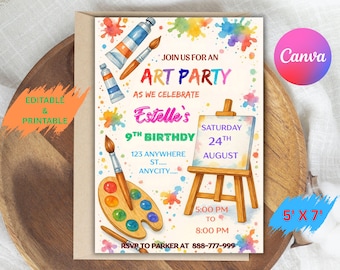 May include: An art party invitation with watercolor paint tubes, brushes, and a palette. The invitation includes the text "Join us for an Art Party" and details for Estelle's 9th birthday, including the date, time, and location. The invitation is 5' x 7'.