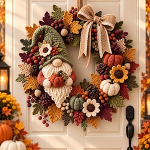 May include: A circular autumn wreath featuring a crocheted gnome with a green hat and white beard holding a small orange pumpkin. The wreath is decorated with crocheted maple leaves in yellow, orange, and red, pinecones, berries, and a large beige bow.