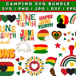 以下が含まれることがあります： 6月19日をテーマにした10個のSVGファイルのデジタルダウンロード。デザインには、テキスト、ハート、虹、星、そして中心にハートのある太陽が含まれています。デザインは赤、黄、緑、黒です。