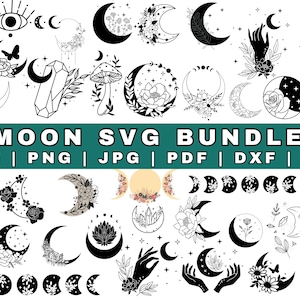 Moon SVG Bundle, Floral Moon svg, Mystic Celestial Svg, Moon and Stars SVG, Crescent Moon Svg, Cut File for Cricut, Silhouette