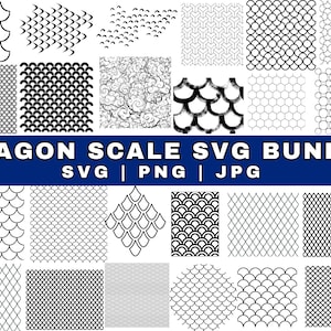 Könnte beinhalten: Ein digitales Kunstpaket mit verschiedenen Drachenschuppenmustern in Schwarz und Weiß. Das Bild enthält verschiedene Schuppenmuster, wie z. B. gekrümmte, geometrische und gitterartige Muster. Der Text lautet "DRAGON SCALE SVG BUNDLE" mit Dateitypoptionen.