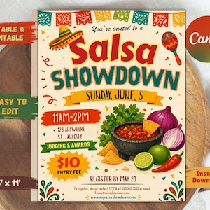 May include: A printable 8.5" x 11" invitation for a "Salsa Showdown" event. The design features a sombrero, maraca, salsa bowl, and ingredients. Text includes event details, entry fee, and registration information. The design is editable and available for instant download.