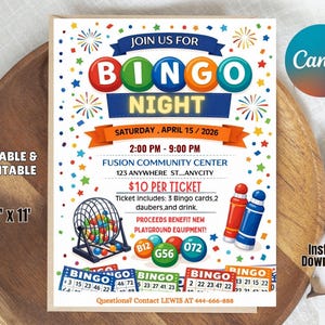 Op de afbeelding: Een kleurrijke Bingo Night evenement flyer met de tekst "Join Us For Bingo Night". De flyer bevat een bingokooi, bingokaarten, stiften en het Canva logo. De flyer is 21,59 cm x 27,94 cm groot.