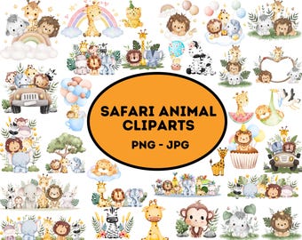Watercolor Safari Animals Clipart: Baby Shower PNG JPG (Digital Download)
