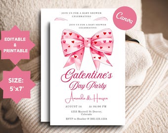 Galentine's Party Invitation: Pink Bow, Red Hearts (Canva Template)