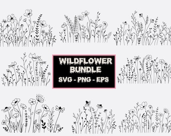May include: A set of six black and white line drawings of wildflower bouquets. The bouquets are arranged in a grid pattern. The text "WILD FLOWER BUNDLE SVG - PNG - EPS" is in a black box with a pink outline.