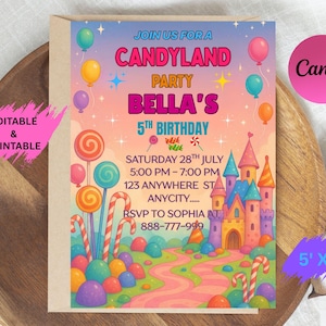 Editable Sweet Celebration Birthday Invitation, Candy Land Invitation, Candy Birthday Party Invitation, Candyland, Printable Canva Template