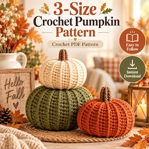 May include: A 3-Size Crochet Pumpkin Pattern PDF featuring three crocheted pumpkins in cream, olive green, and orange with brown stems. The text reads 3-Size Crochet Pumpkin Pattern, Crochet PDF Pattern, Easy to Follow, and Instant Download.