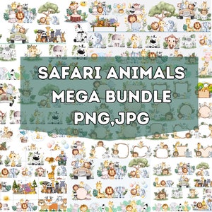 Imágenes prediseñadas de animales de safari en acuarela/ Animales de safari jpg/ Animales de safari png/ Baby shower jpg/ Animales lindos png/ Animales de safari en capas png