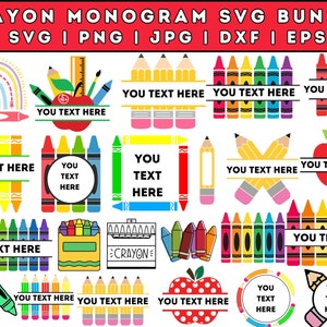 May include: A set of 12 colorful crayon monogram SVG designs. The designs feature a variety of crayon-themed elements, including crayons, pencils, rainbows, and apples. Each design includes a space for a name or monogram. The designs are perfect for creating personalized crafts, gifts, and home decor.
