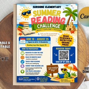 Peut inclure: Une affiche colorée pour le défi de lecture d'été de Sunshine Elementary. La conception comprend un soleil portant des lunettes de soleil, des livres, un château de sable et une tortue lisant. L'affiche mesure 21,59 cm x 27,94 cm et comprend des instructions et des dates.