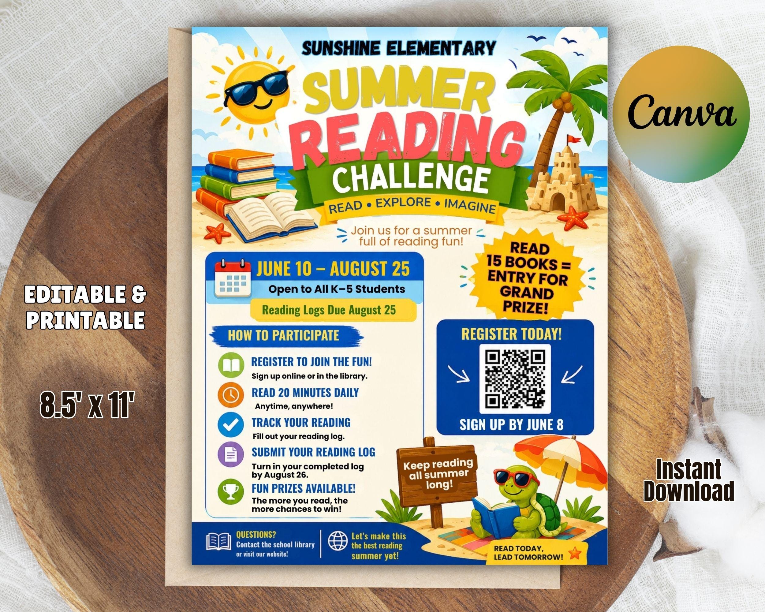 Summer Reading Challenge Flyer Template Editable in Canva | Reading Log ...