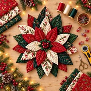 May include: A quilted fabric poinsettia flower centerpiece featuring layered red, dark green, and cream-colored petals with stitched leaf veins. The center is adorned with small red berries. Surrounding items include fabric scraps, thread spools, pins, clips, a rotary cutter, and scissors.