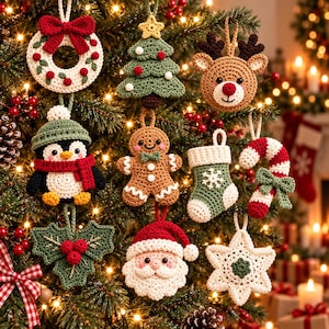 May include: A collection of nine crocheted Christmas ornaments including a wreath, a tree, a reindeer, a penguin, a gingerbread person, a stocking, a candy cane, a holly leaf, a Santa Claus face, and a star, all hanging on a lit tree.