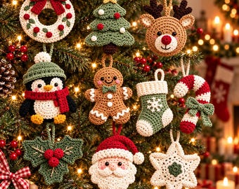 May include: A collection of nine crocheted Christmas ornaments including a wreath, a tree, a reindeer, a penguin, a gingerbread person, a stocking, a candy cane, a holly leaf, a Santa Claus face, and a star, all hanging on a lit tree.