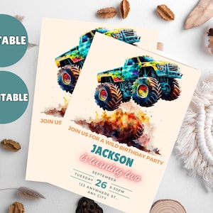 Modèle modifiable d'invitation d'anniversaire de Monster Truck, invitations de fête d'anniversaire imprimables, invitation numérique de fête d'enfants, 5 x 7, toile