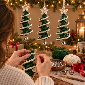 May include: Three hanging crochet Christmas tree ornaments in dark green with cream-colored trim and silver beads. Each tree is topped with a cream crochet star and features a silver bell at the base, suspended by a white string.