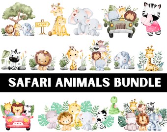 Animales Safari acuarela clipart/ Animales Safari svg/ Animales Safari png/ baby shower svg/ animales lindos png/ Animales Safari en capas SVG