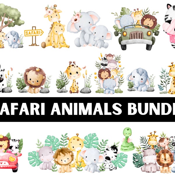 Safari animals watercolor clipart| Safari animals svg| Safari animals png| baby shower svg| cute animals png| Safari animals layered SVG