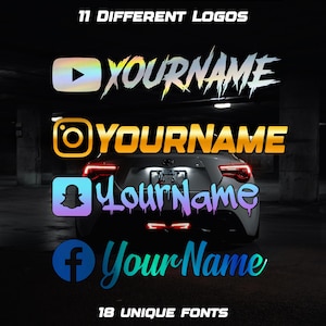 May include: A graphic showcasing social media logos with custom text in various fonts. The image features logos for YouTube, Instagram, Snapchat, and Facebook, each with the word "YOURNAME" in a unique style. Text at the top reads "11 DIFFERENT LOGOS" and at the bottom "18 UNIQUE FONTS."