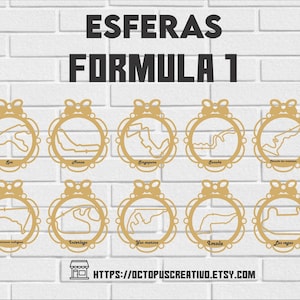 Puede incluir: Diseños de circuitos de Fórmula 1 de madera cortados con láser, incluyendo Spa, Mónaco y Singapur, en marcos decorativos. La imagen también incluye opciones de formato de archivo: SVG, EPS, CDR, AI y PDF. El texto "ESFERAS FORMULA 1" está en la parte superior.