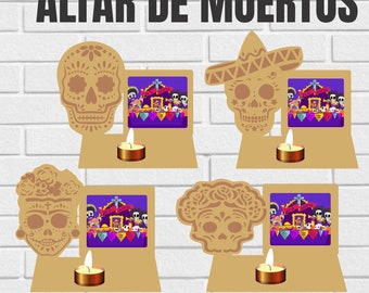 May include: A collection of Día de Muertos-themed designs. The image features laser-cut wooden skull and altar shapes, each with a small candle and a colorful illustration of a Day of the Dead celebration. Text includes "ALTAR DE MUERTOS" and file type options.