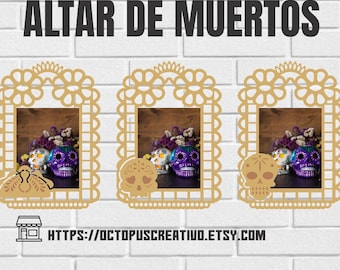 May include: A Day of the Dead-themed design featuring three decorative frames with sugar skulls and floral arrangements. The text "ALTAR DE MUERTOS" is at the top. The image also includes file format options: SVG, EPS, CDR, AI, and PDF.