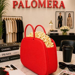 Pode incluir: Um recipiente vermelho em forma de mala cheio de pipocas. A palavra "PALOMERA" é exibida em letras vermelhas na parede. Revistas de moda e óculos de sol também estão na mesa.