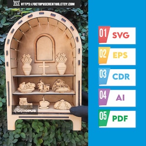 May include: A laser-cut wooden arched shelf display featuring three tiers. The top shelf holds two vases and a cross. The middle shelf displays a fruit bowl, a bottle with a glass, and tacos. The bottom shelf features wrapped gifts, a coffee cup, and bread.