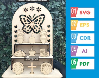 Peut inclure: Autel en bois pour le Jour des Morts avec une découpe de papillon, des fleurs, une bougie, du pain, du café, des cadeaux et des têtes de mort en sucre. L'autel a deux étagères et une croix. L'image comprend aussi les formats de fichiers: SVG, EPS, CDR, AI et PDF.