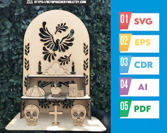 Peut inclure: Autel en bois pour le Jour des Morts avec un motif de colombe, des bougies et des têtes de mort en sucre. L'autel comporte deux étagères avec une croix et une tasse. L'URL de la boutique Etsy est visible en haut.