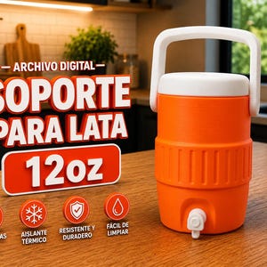 May include: An orange and white insulated beverage cooler with a white handle and spigot. The cooler has the text "SOPORTE PARA LATA 12oz" in white and red. The cooler is designed for 12 oz cans.