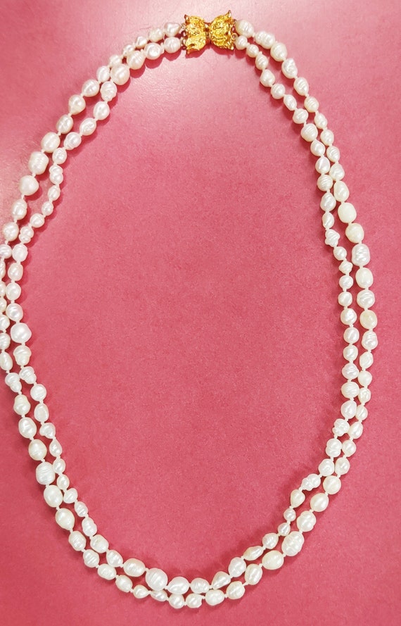 Natural White Pearl Necklace 19" Handknotted Doub… - image 2