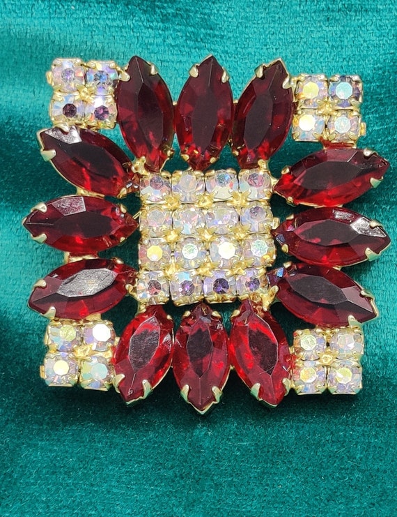 Beautiful Art Deco Ruby Red and AB Rhinestone Squ… - image 1