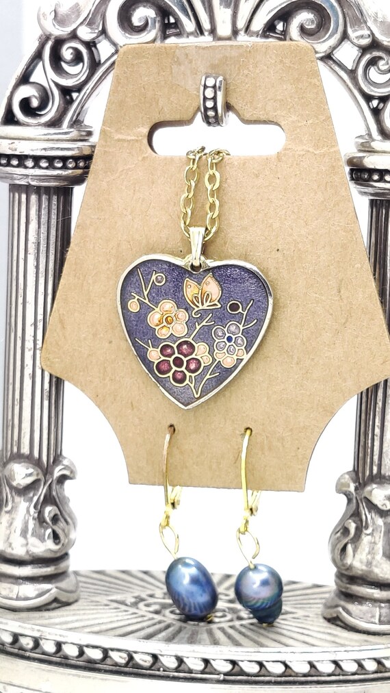 Vintage Cloisonne Heart Necklace Set with Blue Fre