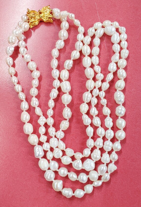 Natural White Pearl Necklace 19" Handknotted Doub… - image 1