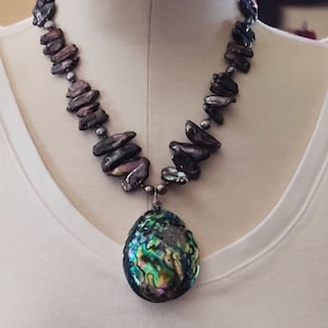 Freshwater Peacock Biwa Stick Necklace with Mother of Pearl Pendant Handcrafted Hook Closure 16.5 Inches OOAK