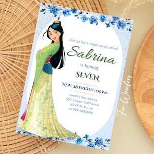 Faire-part d'anniversaire modifiable à Mulan, invitation à une fête de la princesse Mulan, fête d'anniversaire de princesse imprimable, invitation d'anniversaire de fille de carte de princesse verte
