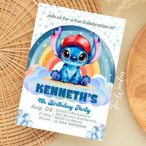 Convite de aniversário editável BABY Boy STITCH, convite para festa Stitch para impressão, convite para festa infantil com tema Baby Stitch em tons pastel, modelo de cartão Canva