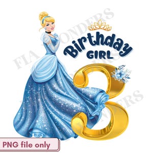 3e VERJAARDAG CINDERELLA PNG, Blue Princess Party Clipart, 3e verjaardag meisje Assepoester Shirt sublimatie ontwerp clipart, blauwe prinses decor