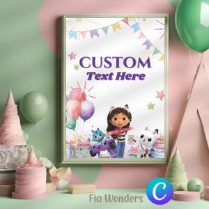 Gabbys Dollhouse Birthday CUSTOM SIGN, enseigne de fête pour maison de poupée, signalisation personnalisée imprimable pour maison de poupée Gabbys, carte modifiable de décoration de fête pour maison de poupée