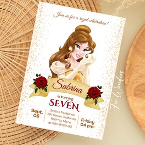 Invito di compleanno modificabile PRINCIPESSA BELLE, invito per festa di Belle, biglietto di compleanno La bella e la bestia, invito floreale per festa di principessa gialla